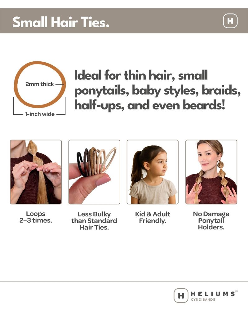 Heliums Small Hair Ties - No Damage Mini 1 Inch Elastics in Auburn Red | 48 Count for Thin Hair & Kids