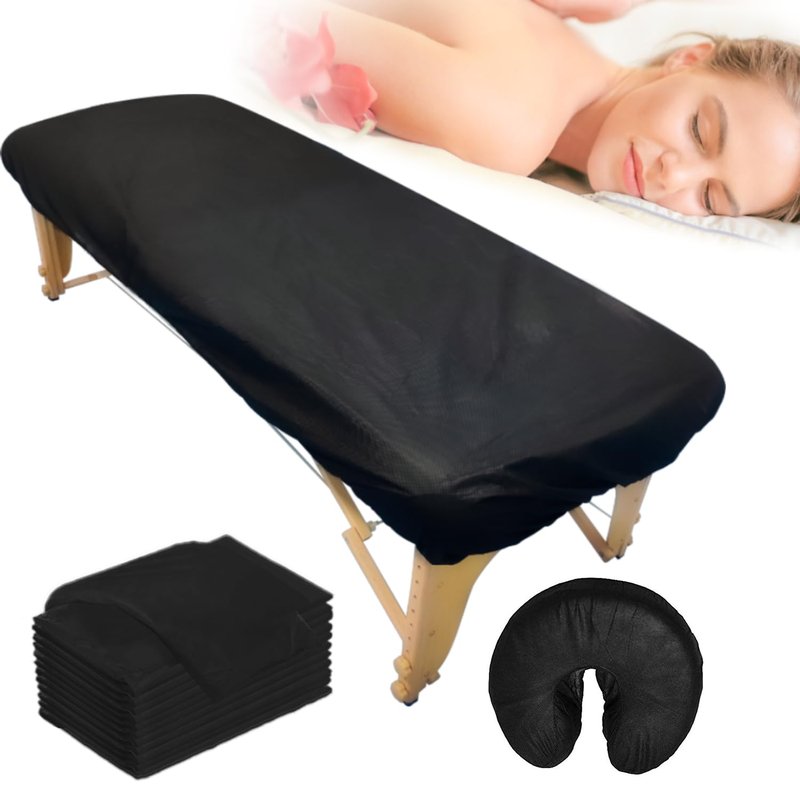 Fancystyle Disposable Fitted Massage Table Sheets - 24 Pack with Headrest Covers | Black 82 x 35