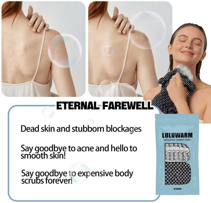 LULUWARM Exfoliating Shower Towel, Quick-Dry Double-Sided Body Scrubber, Oversized 48"x12" Extra Long to Clean Back & All Hard-to-Reach Spots, Gentle for All Skin,Black