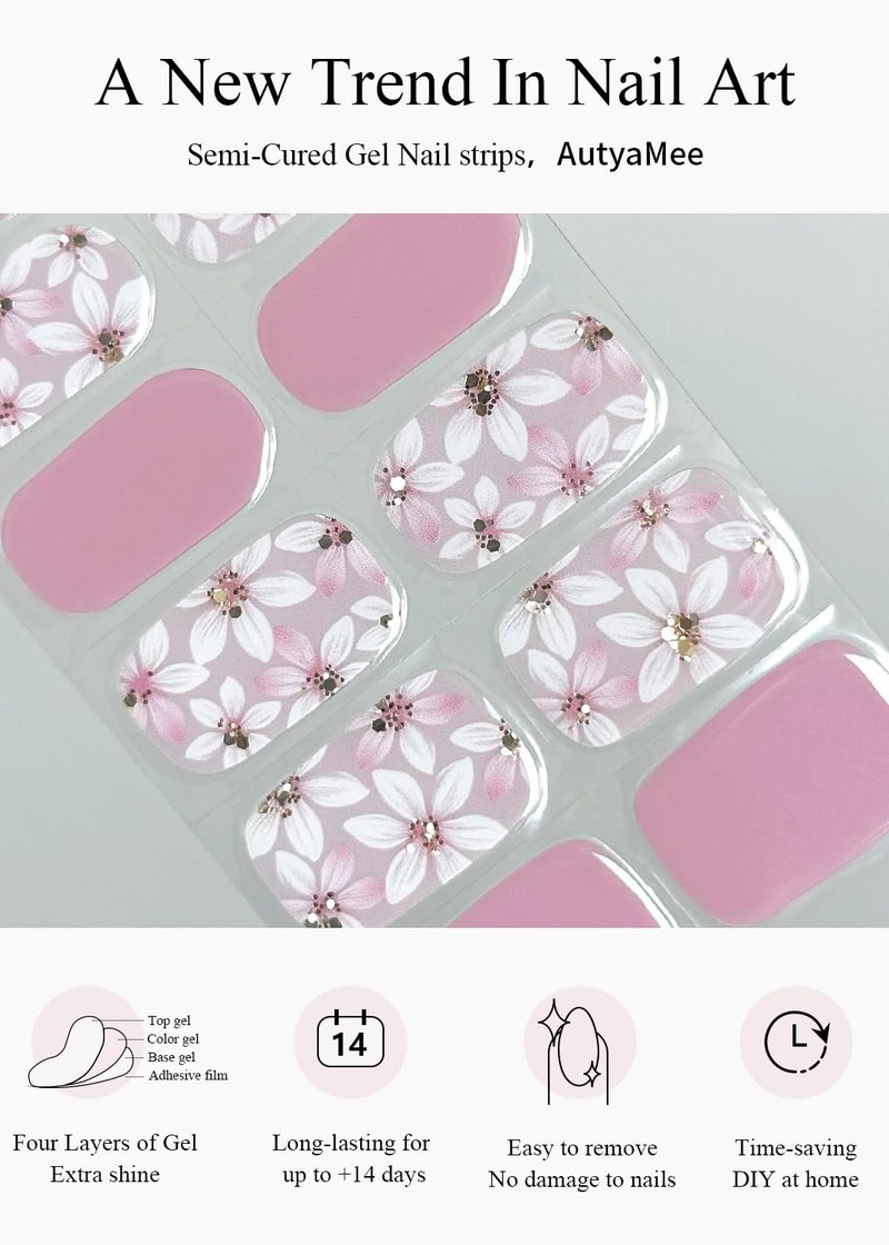 AutyaMee Semi Cured Gel Nail Strips (Violet), Pink Flower, 20 Pcs Gel Nail Wraps, Stickers, Salon Quality, Long Lasting, Works with Any UV Lamps