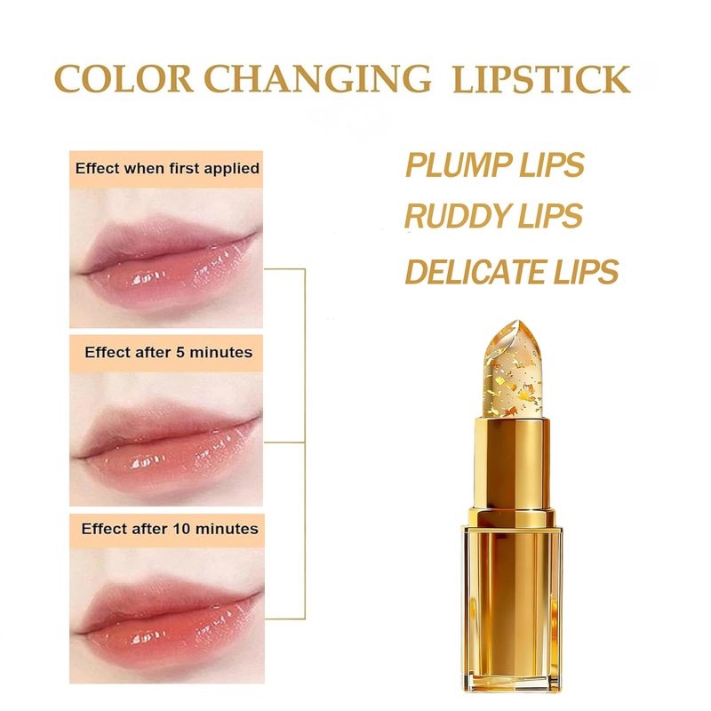 PIN&WEI Color Changing Lipstick, Gold Crystal Ph Lipstick Color Changing, Long Lasting Moisturizing Glossy Shine Lip Gloss, Deep Nourishment