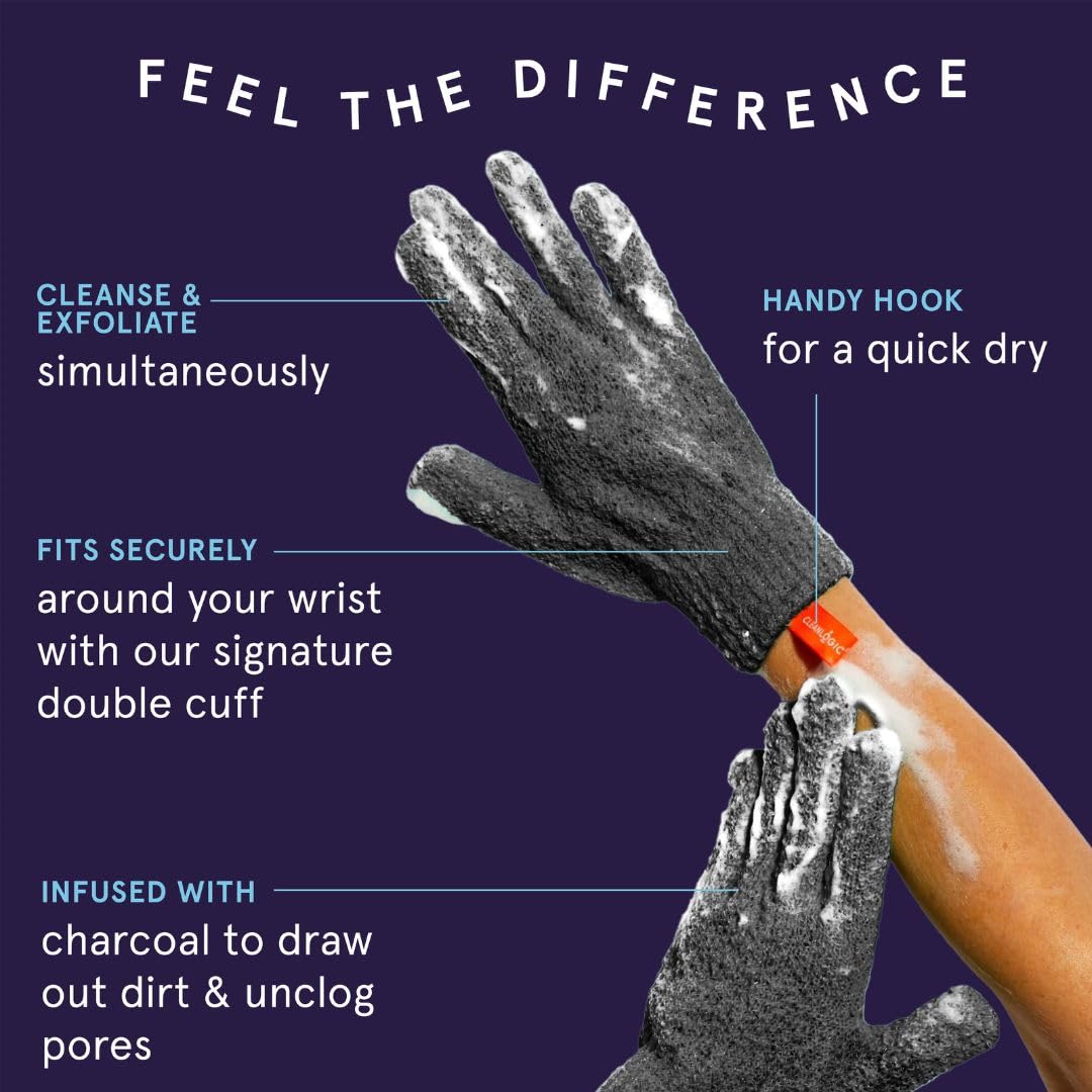 Cleanlogic Detoxify Charcoal Infused Exfoliating Glove, Stretchy Bath & Shower Gloves, Reusable Exfoliator Tool for Smooth & Softer Skin, 3 Pairs, 6 Count Value Pack