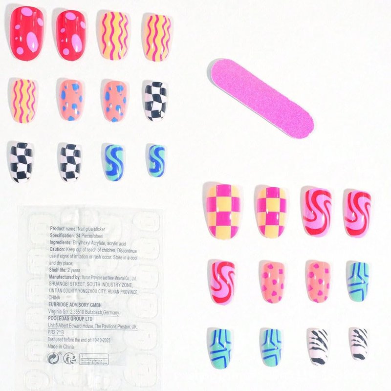 Dopamine Colorful Press on Nails Short CEWEWP Almond Fake Nails with Checkered Striped Design Cute Geometric Irregularity Acrylic Stick on Nails Summer Glossy Full Cover Glue on Nails for Women 24Pcs