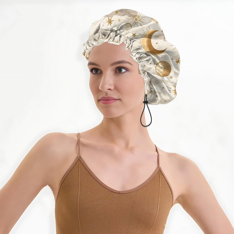 BHAHB Shower Cap Reusable Waterproof Double Layer Elastic Adjustable Hair Bath Caps Cute Aesthetic for Women Girls-Khaki