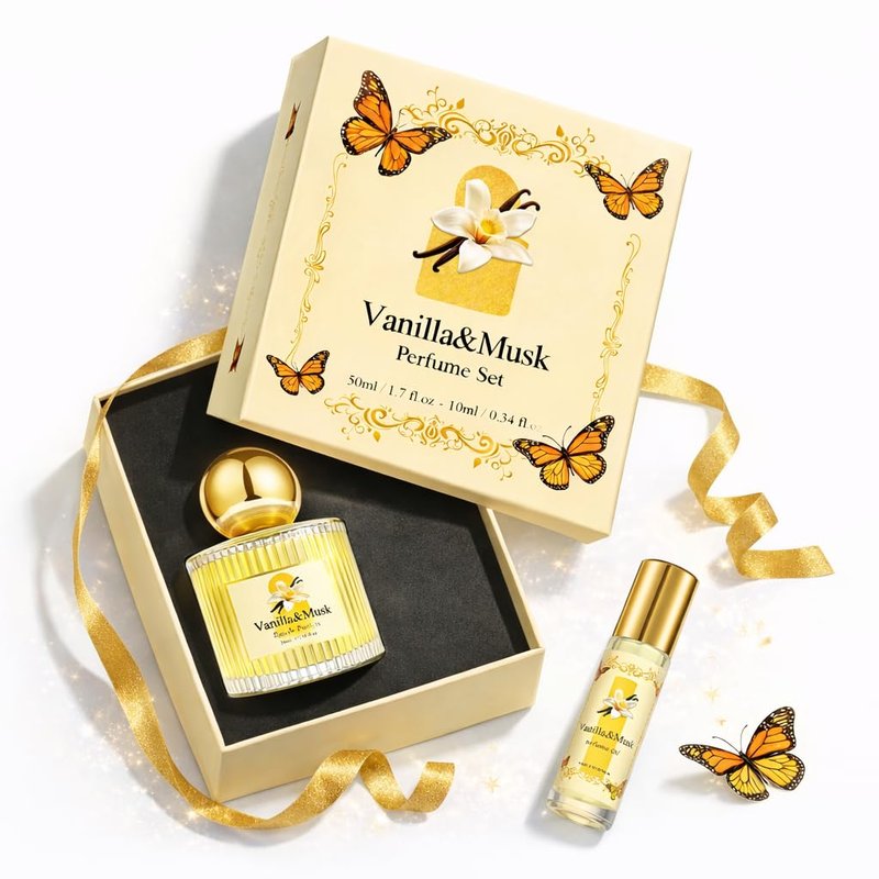 Jgppe Vanilla Musk Perfume Gift Set for Women, 1.7 fl oz Eau de Parfum Spray + 0.34 fl oz Roll On Perfume Oil, Long Lasting Sweet Warm Vanilla Perfume Set, Travel Friendly Gourmand Perfume for Women