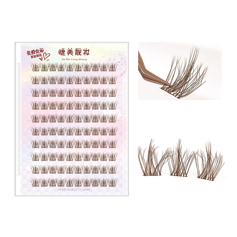 Brown Self Adhesive Eyelashes 100 Clusters Press On Eyelash Clusters LASGOOS Natural Messy 5D Lash Individual 13mm Pre-Glued Lashes DIY Eyelash Extensions at Home No Glue No Remover Needed Lashes