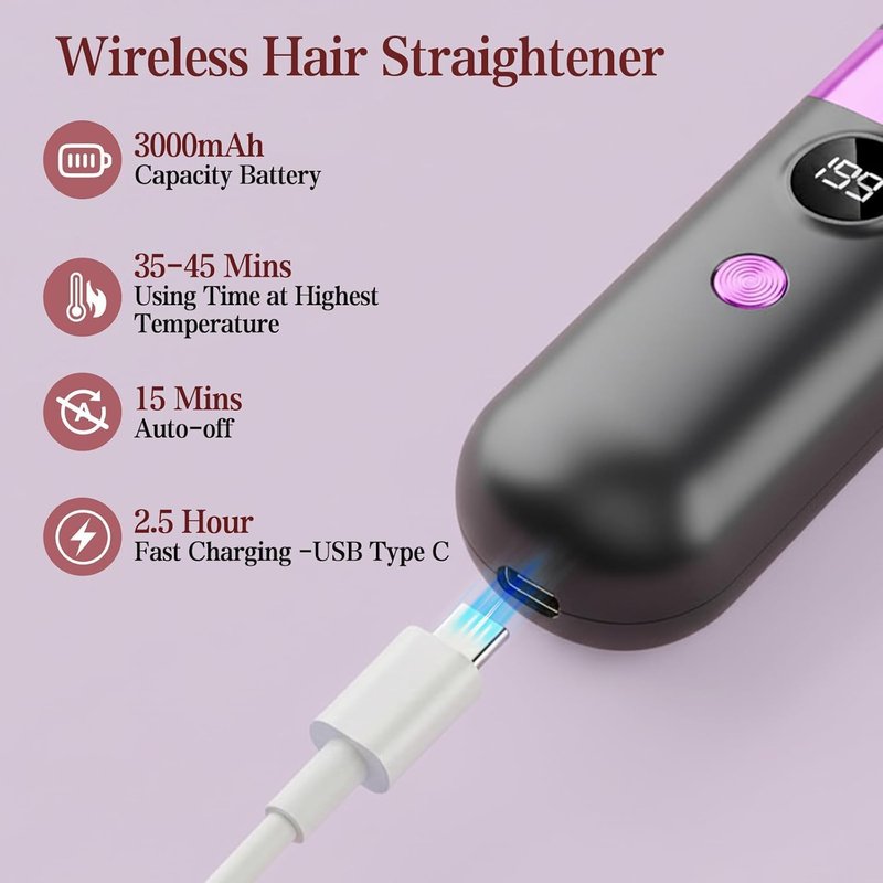 Go Brush Pro Cordless Hair Straightener Brush - Portable Rechargeable Ceramic Styling Brush with 4 Adjustable Heat Modes & LED Display, Perfect for Travel & Everyday Use (Black)