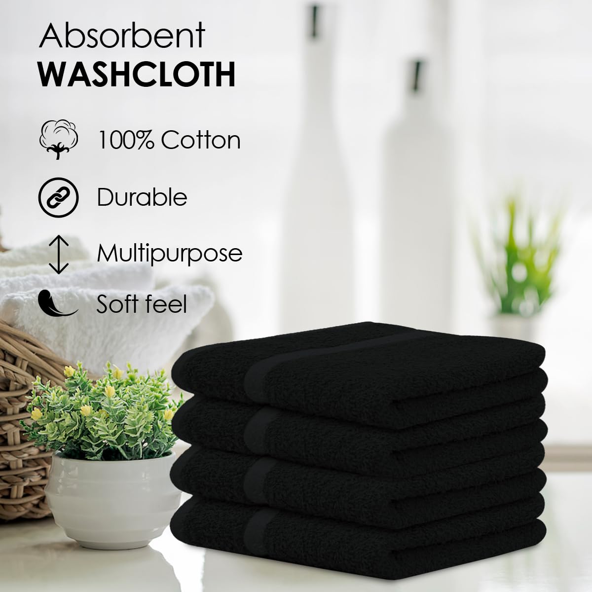 Avalon Towels Wash Cloths for Showering 24 Pack Face Towels 100% Cotton Black Washcloths 12x12 Wash Rags, Facial Towel, Fingertip Towel,Bath Rags