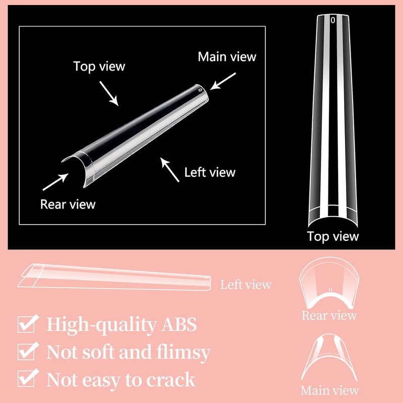 3XL NO C Curve Coffin Nail Tips for Acrylic Nails Professional, 504PCS Clear Extra Long Tapered Square Nail Tip, 12 Sizes Straight Press On Gel Nail Tips for Nail Salons Home DIY
