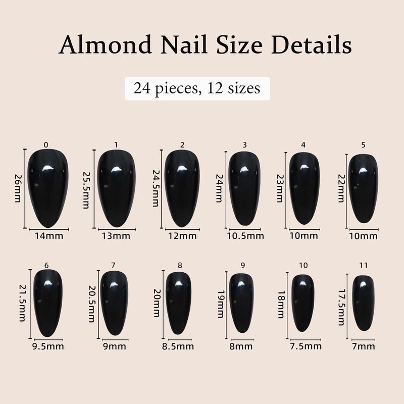 Skiennix 24Pcs Chrome Press-On Nails - Medium Almond Black Aurora Glossy Full Cover Nail Tips