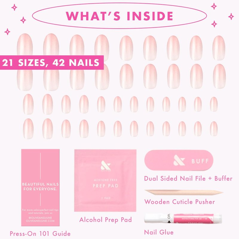 Olive & June Minimalist Instant Mani Press On Nails (Glue) | 42 Fake Nails, 21 Sizes | Non-Toxic, Long-Lasting Barely-There Look | Salon-Quality at Home | Medium, Oval | Rose Gradient Shimmer