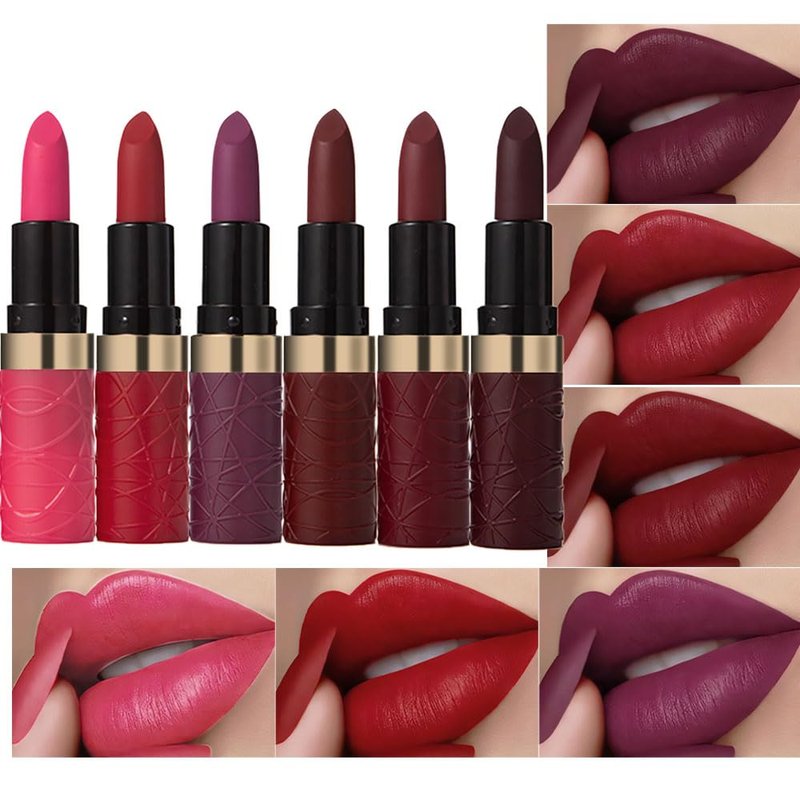 Matte Lipstick Set - 6 Pcs Long-Lasting Waterproof Lip Color | Nude Pink, Dark Red, Purple, Wine Red, Plum