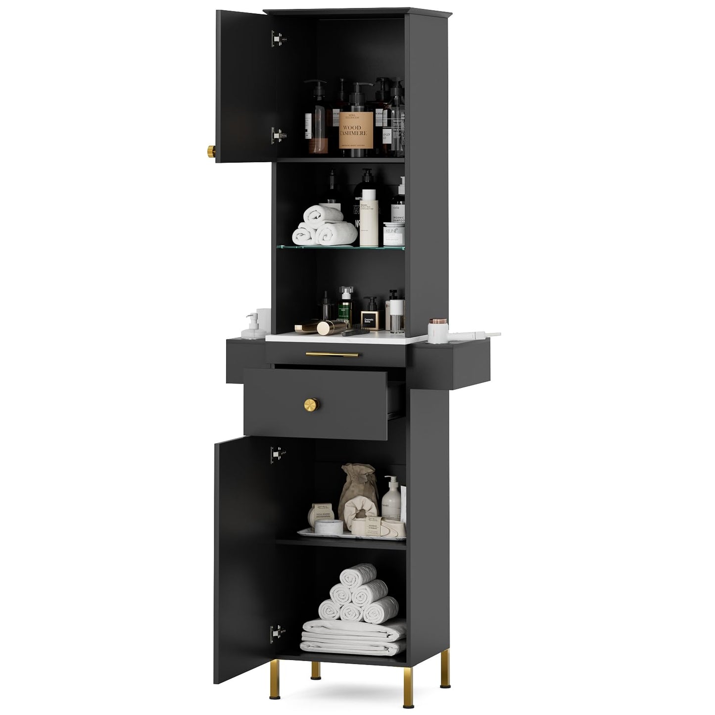 TTGIEET Beauty Salon Station, Hair Salon Station w/Glass Shelf & Golden Handles, Stylist Station for Salon w/6 Hair Dryer Holders, 2 Storage Cabinet & Drawers(Black)