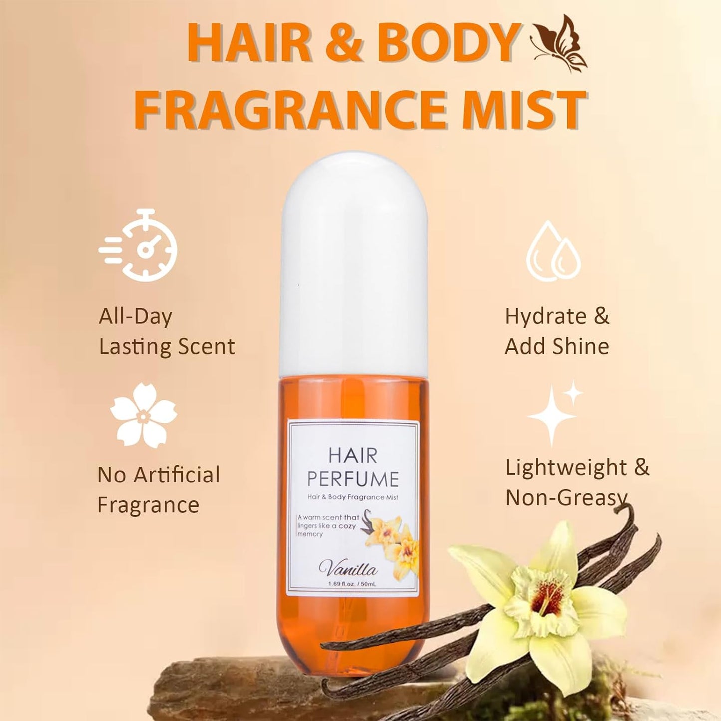 Vanilla Hair & Body Perfume Spray - Pheromone Fragrance Mist for Women | Long-Lasting, Alcohol-Free, 1.7 Oz Travel Size