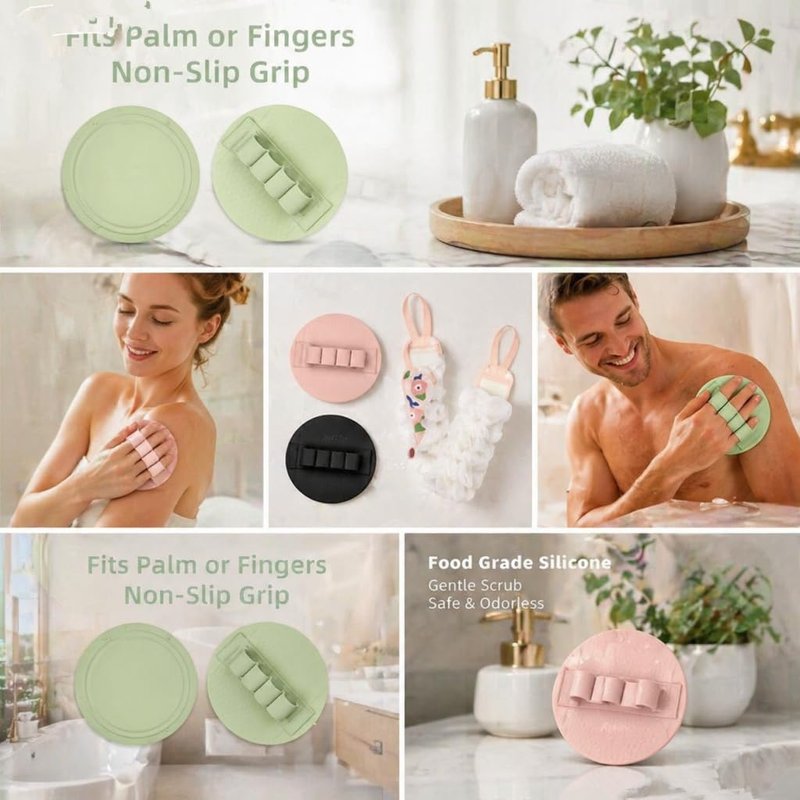 3-Pack Bath Scrubber Kit: 2 Silicone Exfoliating Pats & Double-Sided Long Handle Back Scrubber Bath Puff for Deep Cleansing. (Pink & Green & Pink)