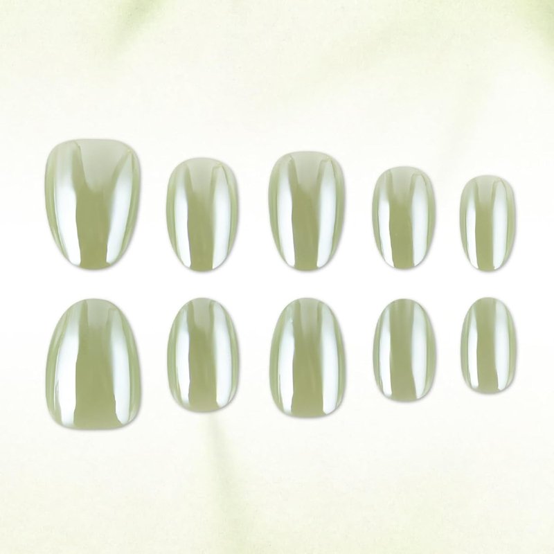 Skiennix 32Pcs Green Press-On Nails - Chrome Short Oval Full Cover Glossy Reusable Artificial Nails
