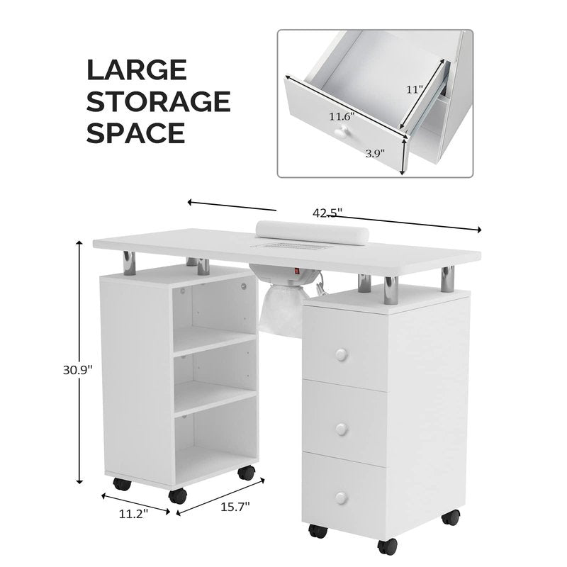 OmySalon Manicure Table Nail Desk for Nail Tech, Nail Table Beauty Salon Tech Station w/Electric Downdraft Vent, Lockable Wheels,Wrist Cushion,Storage Shelves & Drawers