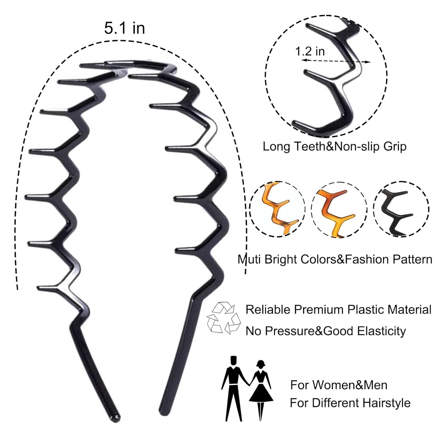 Zig Zag Headbands - 6 PCS Wavy Hair Comb Accessories for Women | Classic Black & Retro Leopard