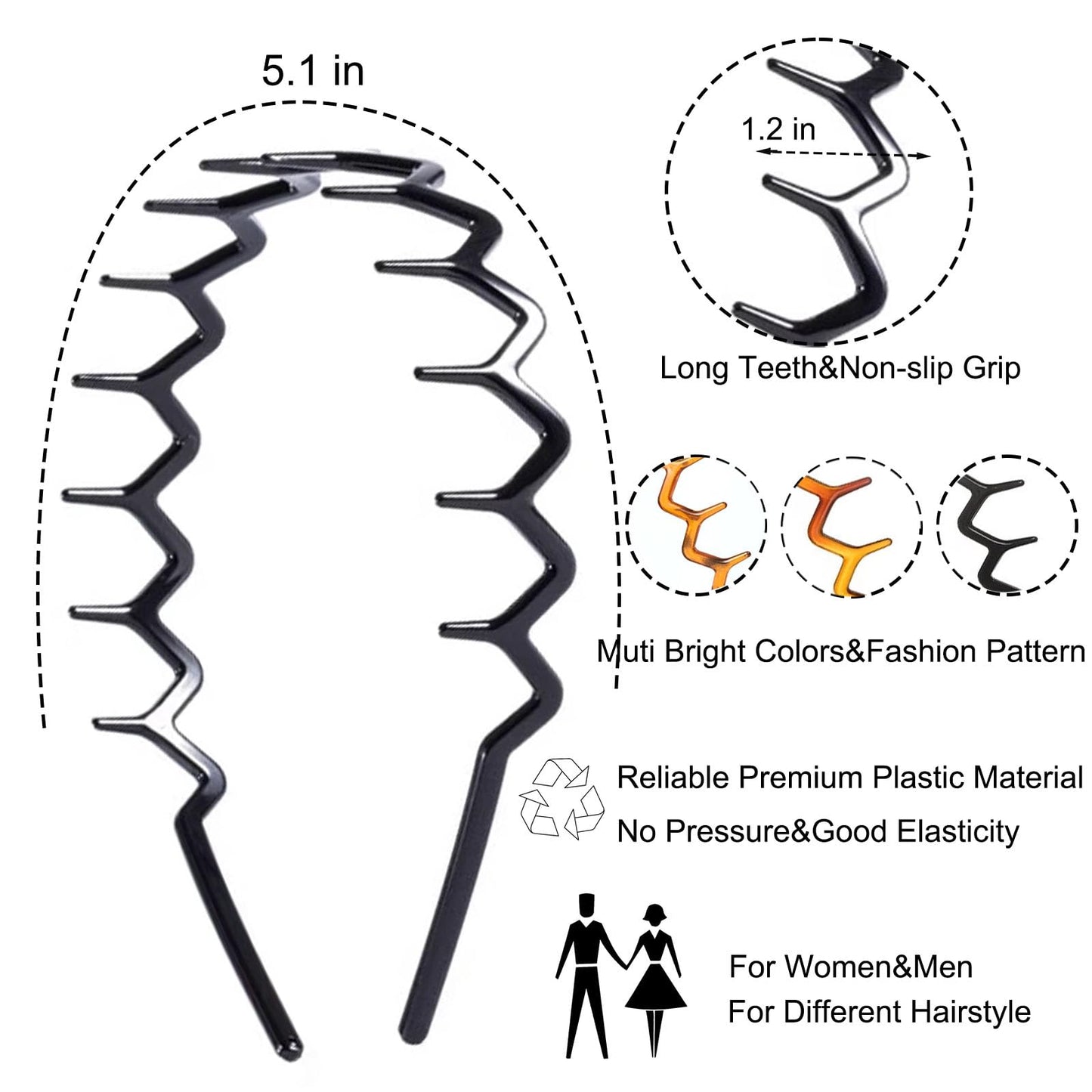 Supgoodom 6 PCS Zig Zag Headbands Plastic Wavy Hair Head Band Comb with Teeth Hoop Accessories for Women Men Girls, Classic Black&Retro Leopard