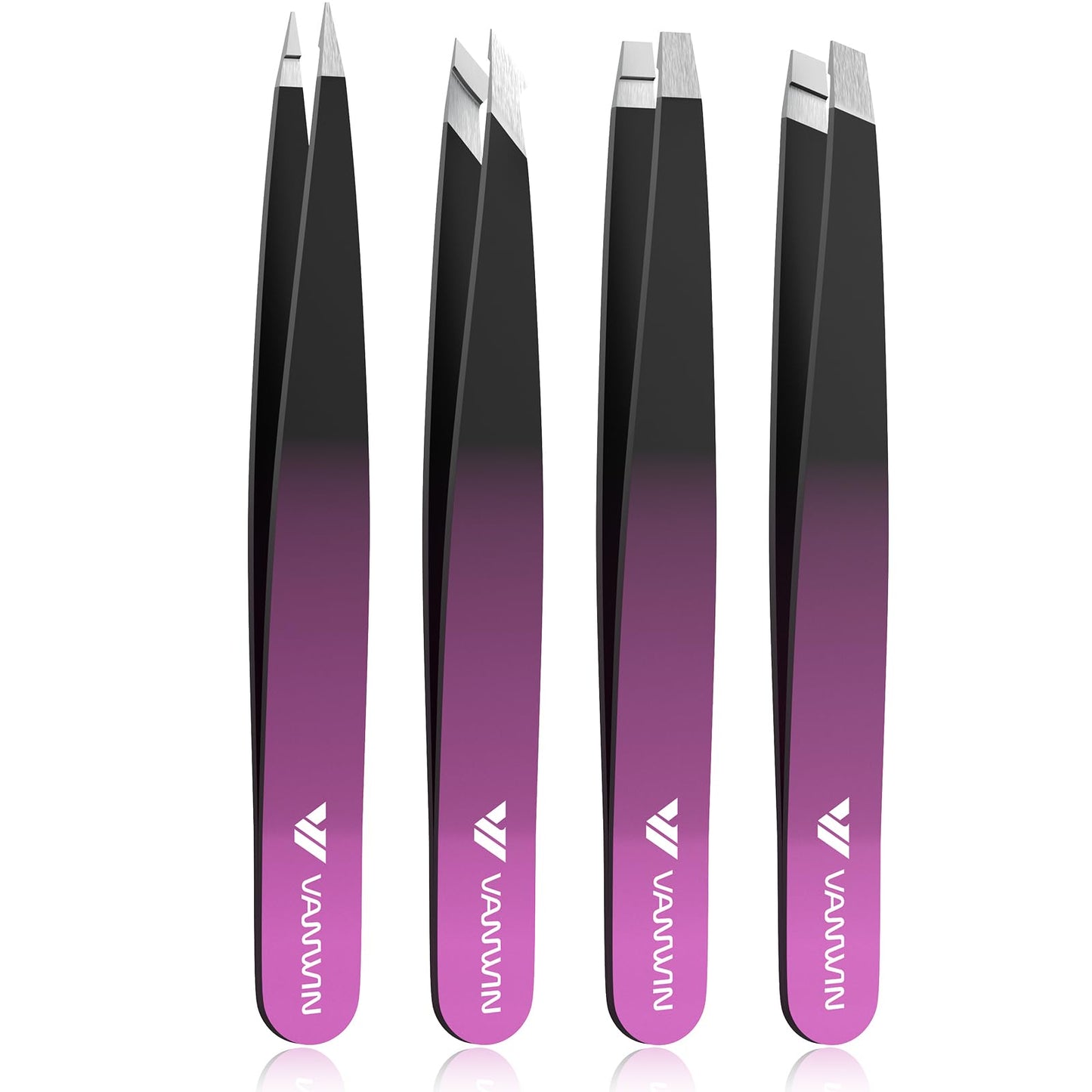 VANWIN Tweezers Set, 4 Pack Professional Stainless Steel Precision Tweezers with Slant, Pointed, Flat & Angled Tips for Eyebrow, Facial Hair, Ingrown Hair, Splinter & Blackhead Removal for Women & Men