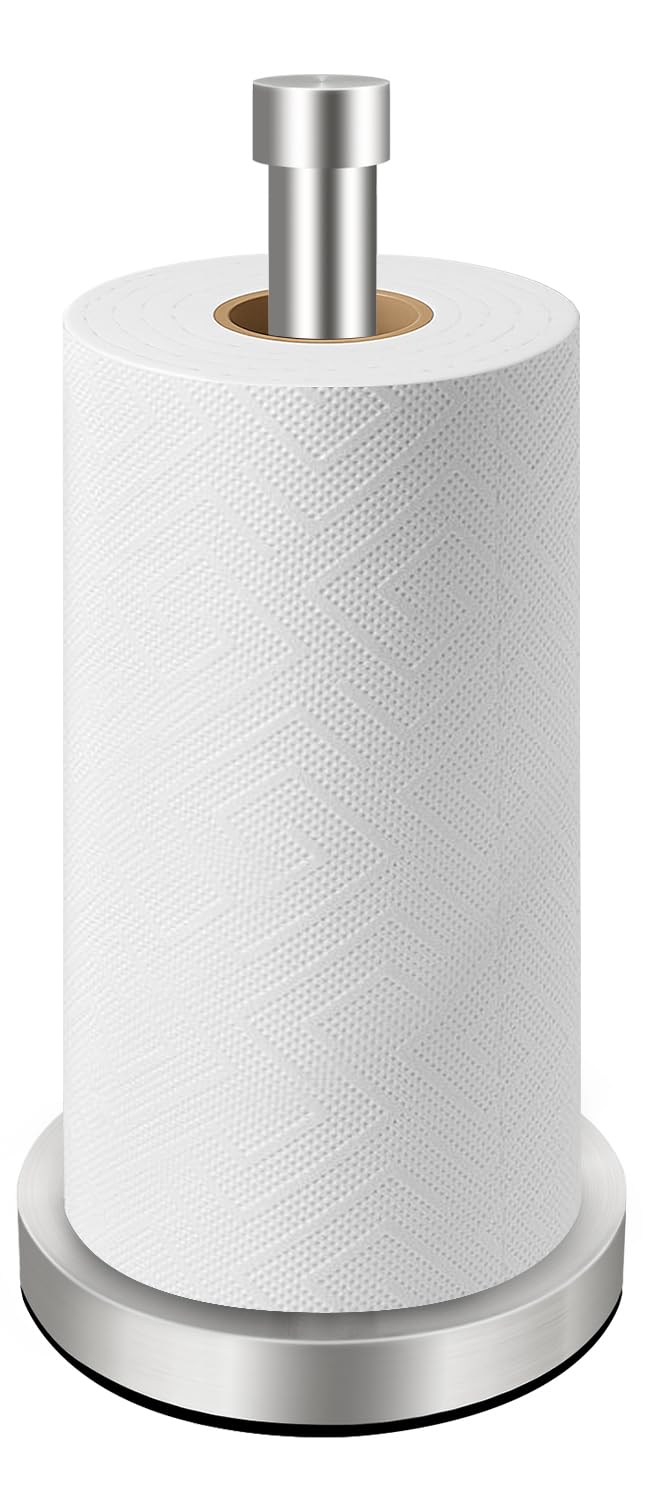 VOTZAAQ Silver Paper Towel Holder Countertop, Stainless Steel Standing Paper Towel Holder with Sturdy Non-Slip Base, for One-Handed Operation, Brushed Nickel