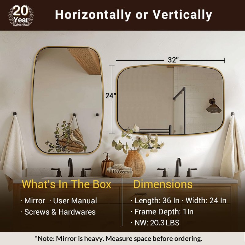 ANDY STAR Brushed Gold Square Oval Bathroom Mirror, 24x32 Inch Brass Oblong Mirrors for Wall, Modern Vanity Mirror in Stainless Steel Metal Squoval Tube Frame, Wall Mount Horizontal or Vertical
