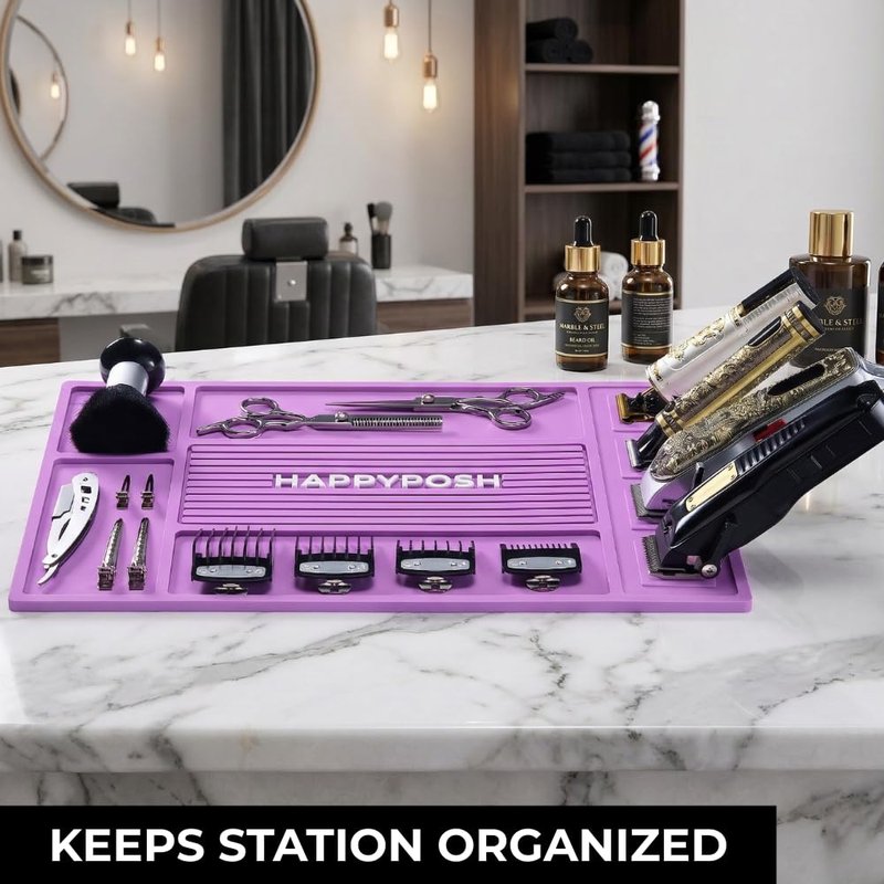 HAPPYPOSH Magnetic Barber Mat,Magnetic Barber Mats For Clippers and Supplies, Barbershop Pad for Station, Beauty Salon Table Matt, Tool Organizer for Pro Hairstylist,Purple