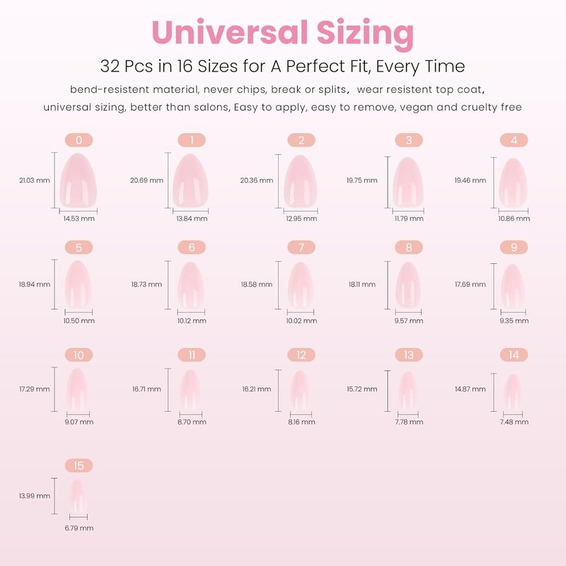 Nail Reformation Press On Nails, Soft Pink Short Almond Fake Nails in Glossy Finish, Salon Quality, Natural Reusable Opaque Stick On Nails in 16 Sizes - 32 Nail Kit with Glue, Manicure Gifts for Women
