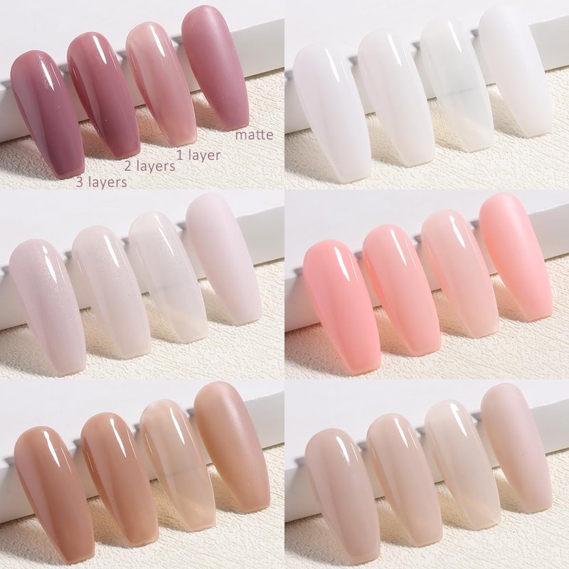 Fcozpjk Jelly Gel Nail Polish Set 6 Colors Translucent Nail Gel Kit with Top & Base Coat Neutral Pink Nude Brown Milky White Nail Gel Polish Soak Off UV Light Cure Crystal Gel Manicure Salon Supplies