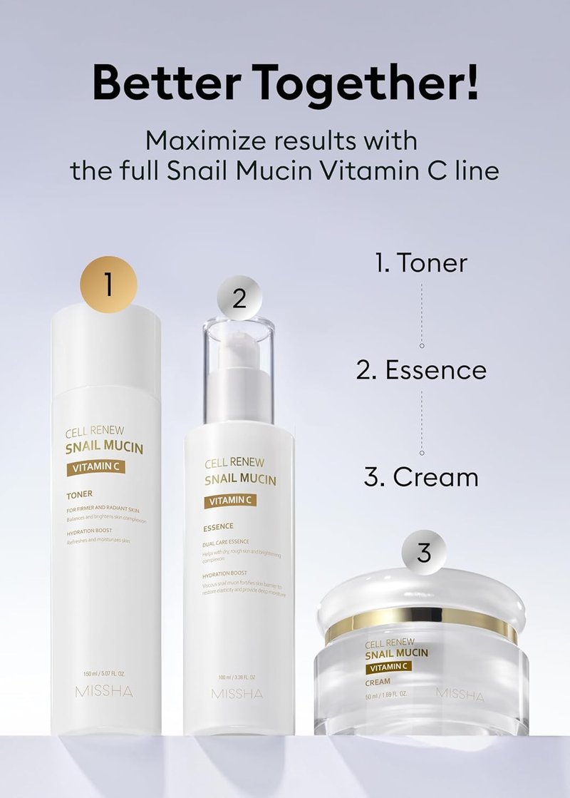 MISSHA Cell Renew Snail Mucin Vitamin C Toner 5.07 Fl oz - Korean Skincare Facial Toner for Glass Skin, 90% Snail Mucin Vita Complex, Deep Hydration, Improves Skin Texture, Paraben Free