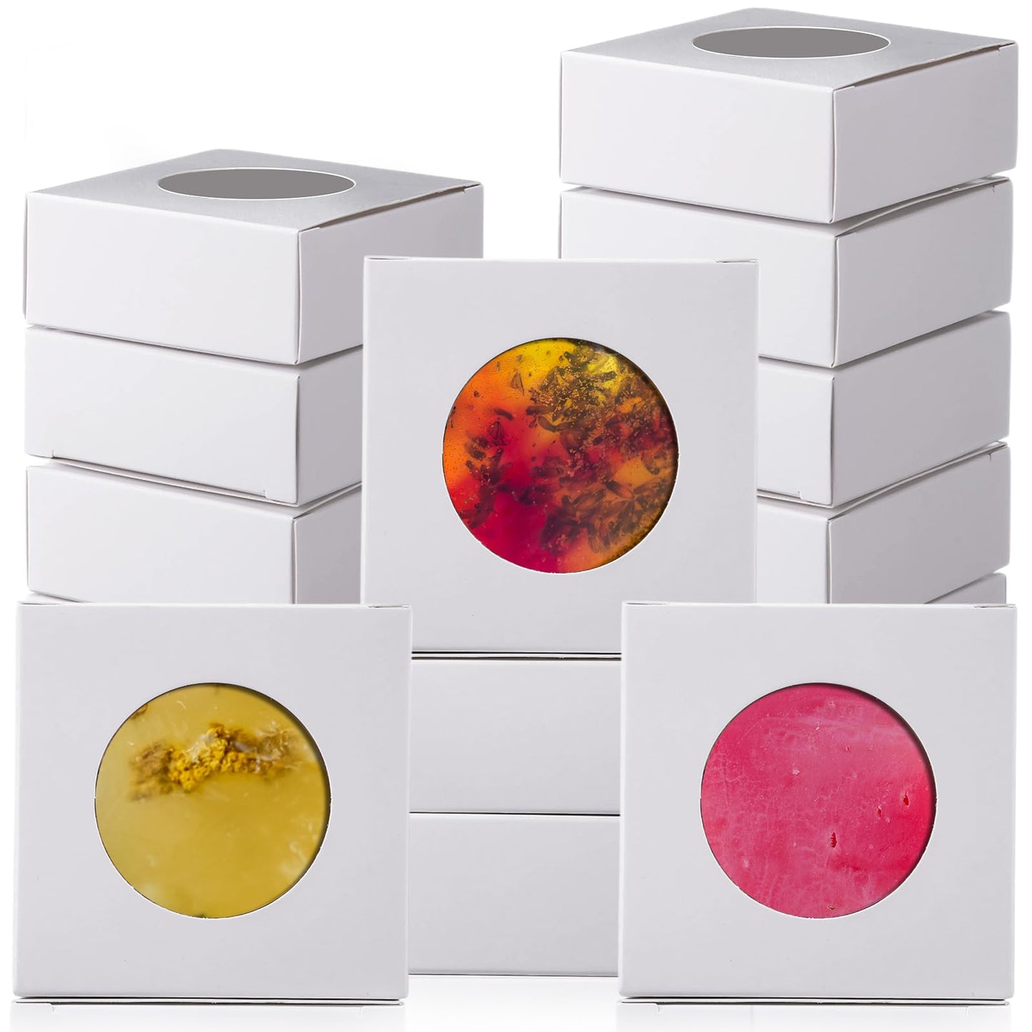 TaoBary 100 Pcs Soap Boxes for Homemade, 3 x 3 x 1.2 Inch Small Paper Gift Packaging Boxes with Window, Gift Wrappers for Soap Packaging Making Party Favor(Round,White)