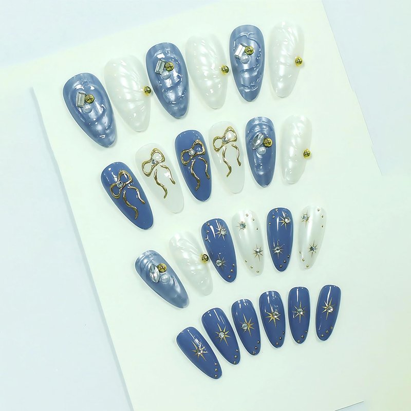 Skiennix 24Pcs Press-On Nails - Medium Almond French Tip with Bow & Star Design | Blue Acrylic Full Cover