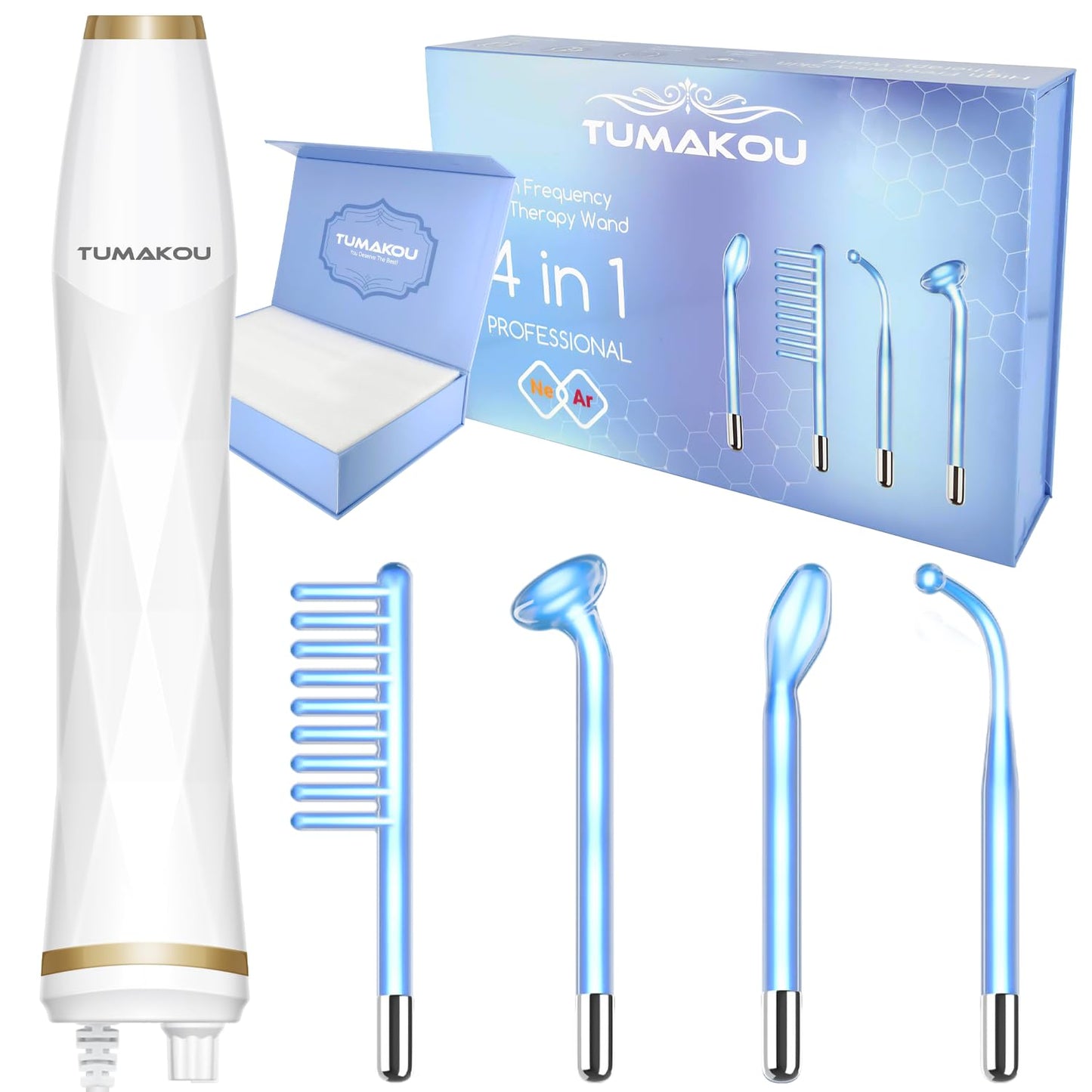 TUMAKOU High Frequency Facial Device - Portable Wand with 4 Fusion Neon & Argon Wands