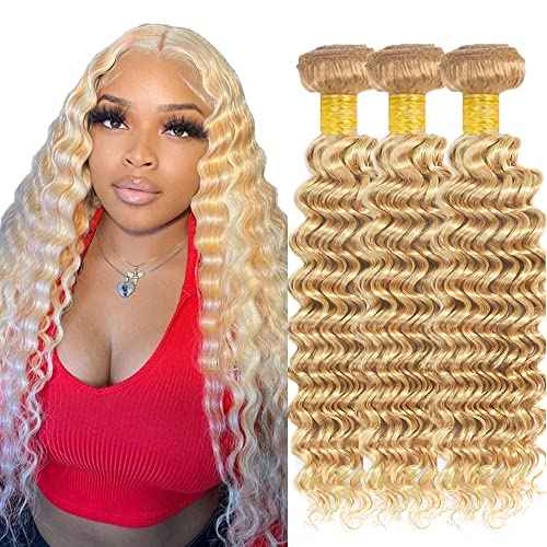 P27/613 Highlight Blonde Bundles Human Hair Deep Wave Bundles 12 14 16 Inch Honey Blonde Deep Wave Bundle Unprocessed Brazilian Virgin Weave Hair 3 Bundle 50 Gram Per Bundle