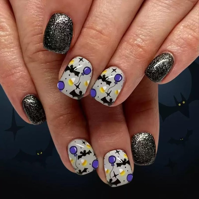 Skiennix Halloween Press-On Nails - Short Square & Almond Styles with Pumpkin, Ghost & Spider Web Designs | 144 Pcs in 12 Sizes