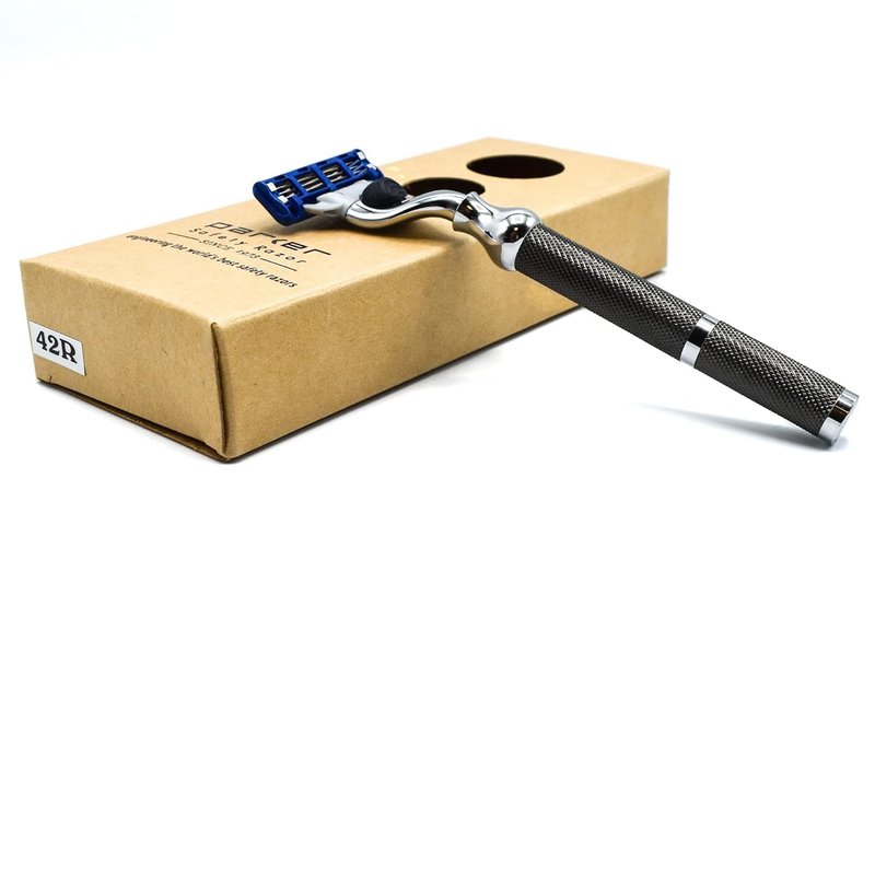 Parker 42M 43M Heavyweight All-Metal Triple Blade Razor – Shaving Razor with Brass Frame + Deluxe Textured Graphite Handle – One Gillette Mach 3 Razor Blade Included