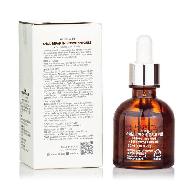 MIZON Snail Mucin Repair Ampoule Korean Snail Serum with Hyaluronic Acid Peptides & Vitamin E Hydrating Snail Skincare for Elasticity & Glass Skin Look (1.01 fl oz)