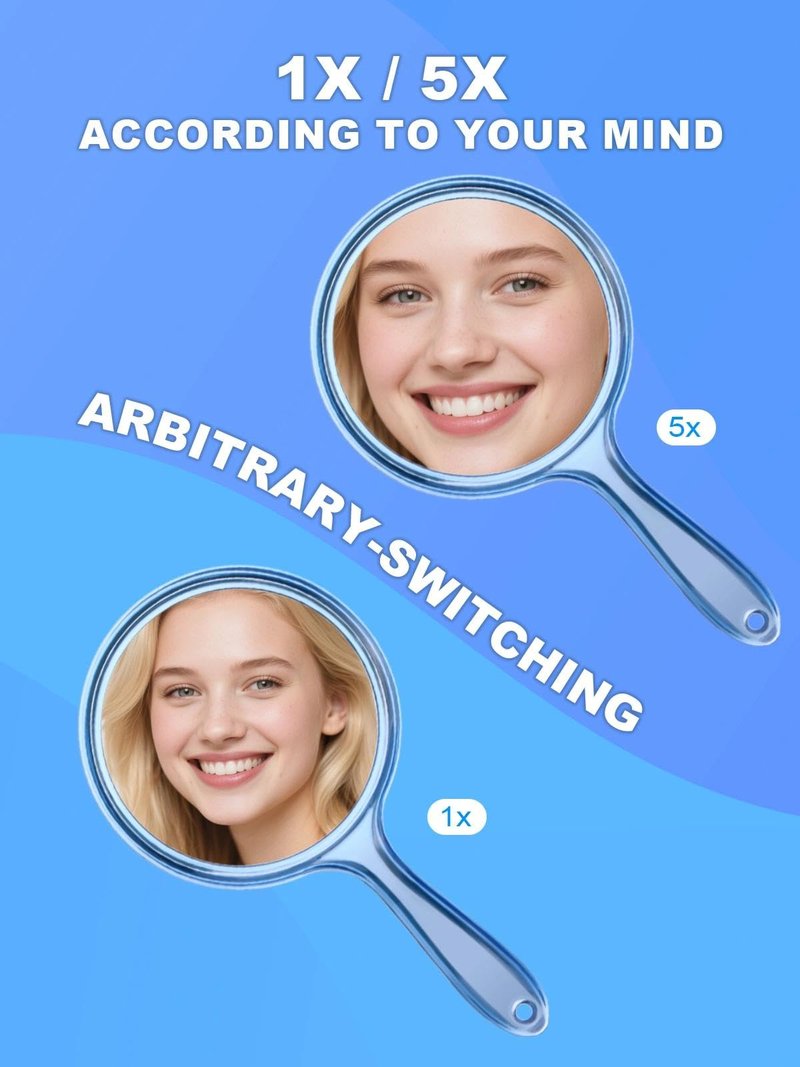 Macaki Handheld Mirror with Handle, 10.5 x 5.7 inches, Double-Sided 1X/5X Magnification Travel Makeup Mirror for Women, Blue
