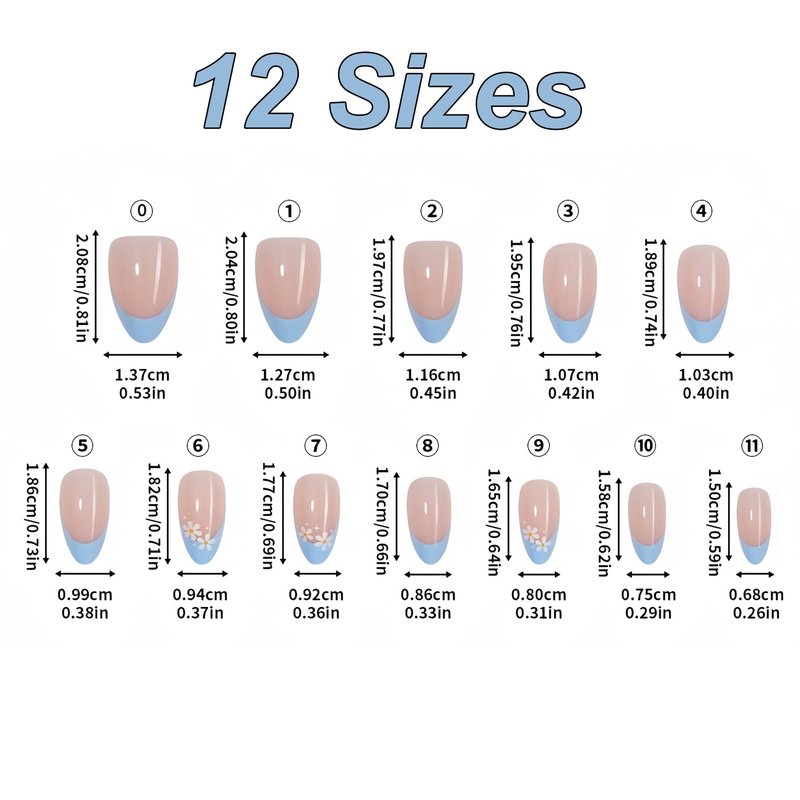 24 Pcs Press On Nails Short Almond, Nude Pink French Tip Fake Nails with Blue Tips & Daisy Design, Glossy Jelly Finish Stick On Nails Set for Women Girls DIY Nail Art