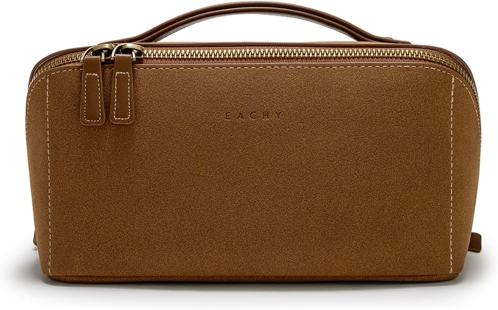 Travel Makeup Bag - Large Capacity Waterproof PU Leather Cosmetic Organizer | Flat Open Toiletry Bag for Skincare & Brushes