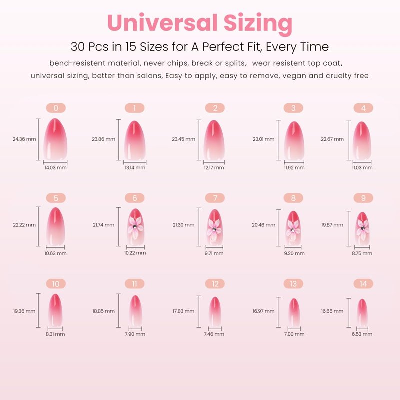 Nail Reformation Press On Nails, Tropical Orchid | Pink to Magenta Ombré Medium Almond Fake Nails with 3D Accents, Glossy Reusable Stick On Nails Kit - 30 Pcs in 15 Sizes with Glue, Gifts for Women