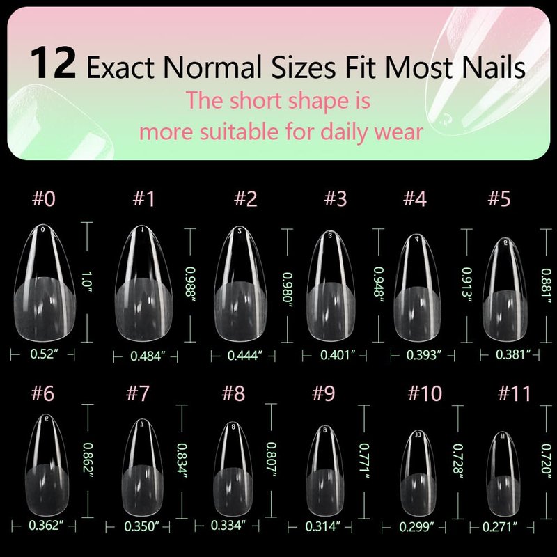 Skiennix Medium Almond Gel Nail Tips - 600 Pcs Half Matted Clear Fake Nails | 12 Sizes Full Cover