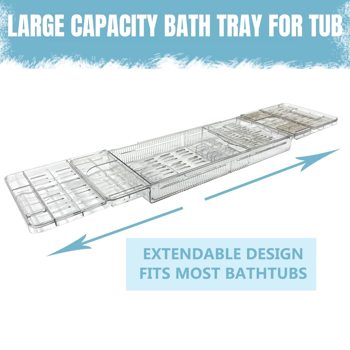 lizeisadi Large Capacity Adjustable Bath Tub Tray - Transparent Acrylic Rectangular Modern Bathroom Tray - Easy Clean, Sturdy Durability - Fits Most Bathtubs (Extended Edition)