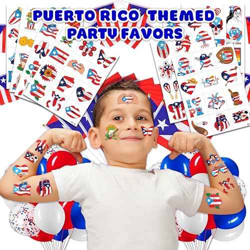 96 PCS Puerto Rico PR Puerto Rican Flag Pre-Cut Temporary Tattoos for Kids | Super Cute Themed Birthday Party Favors, Supplies, Decorations, Fake Tattoo Stickers (multiple)