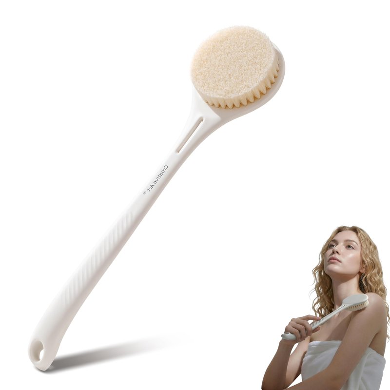 Back Scrubber for Shower for Women Men, Body Brush with Long Handle, Exfoliating Bath Washer with Soft Bristles, Body Exfoliator for Wet or Dry Brushing, Back Scrub Deep Cleaning, White