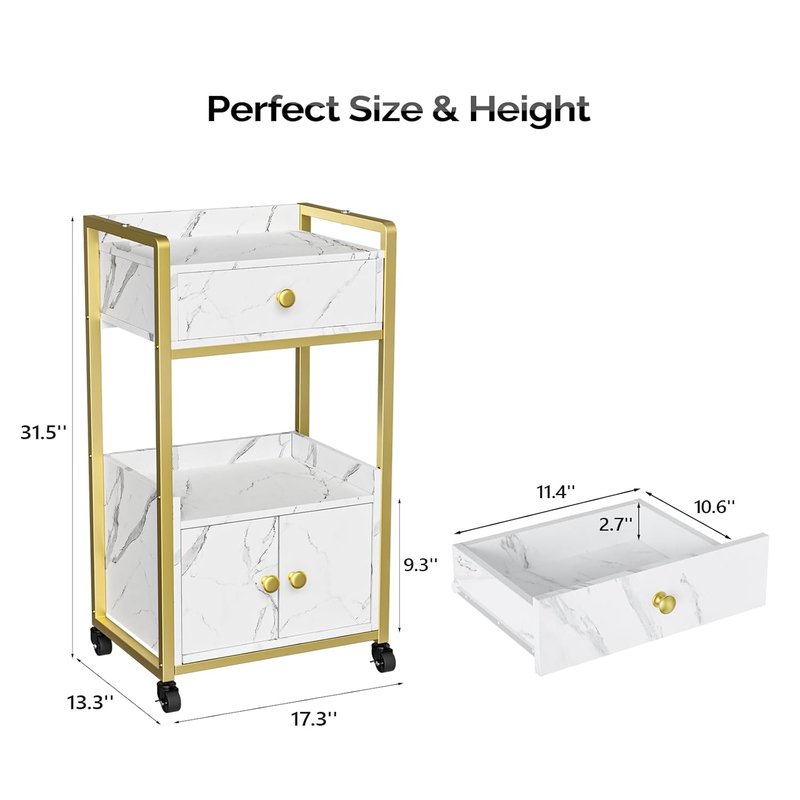 OmySalon Salon Trolley Cart - Mobile Esthetician Cart with Drawer for Beauty Spa | White Marble Finish