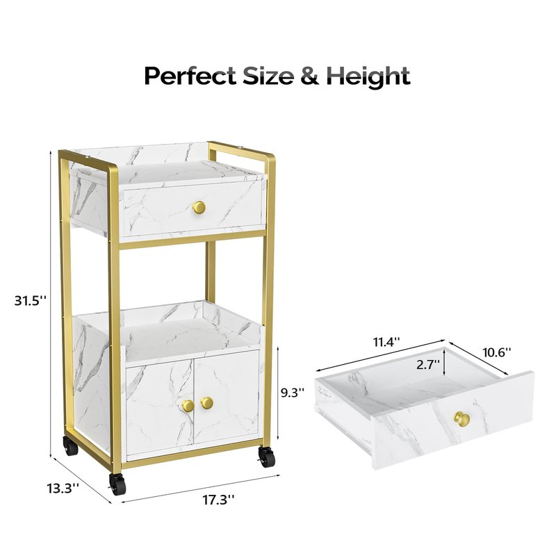 OmySalon Salon Trolley Cart with Wheels, Esthetician Cart with 1 Drawer & 2 Trays, Mobile Storage Organizer for Beauty Spa Massage Tattoo Esthetic Facial Tool Holder Station, White Marble