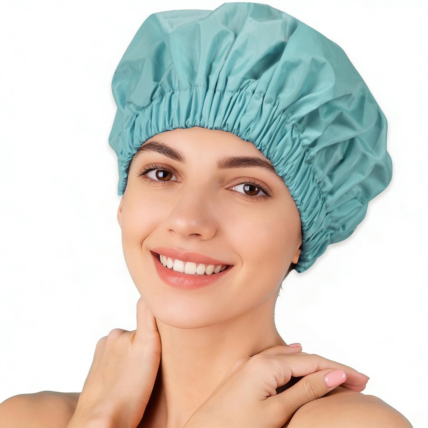 TUVATU Reusable Shower Cap for Women – Large Waterproof Satin Shower Bonnet for Long, Curly & Braided Hair, Washable Bath Hair Cover, Aqua