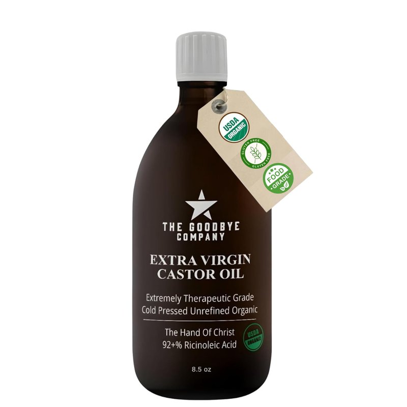Goodbye Company USDA Organic Food Grade Cold-Pressed Castor Oil - 8.5 oz Glass Bottle, Hexane-Free, Extra Virgin, Small Batch Family Farm Ethically Sourced for Hair Growth, Digestion, Lashes, Brows
