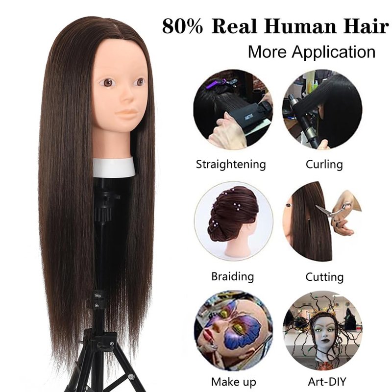 Opini 26 Inch Mannequin Head 80% Real Human Hair Styling Mannequin Doll Head Human Hair for Hairdresser Practice Hair and Makeup With Free Clamp (#4 No Makeup)